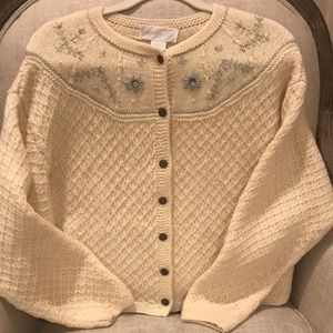 Gorsuch Ltd. Cream 100% Wool Cardigan Silver Gold Pearl Rhinestone L